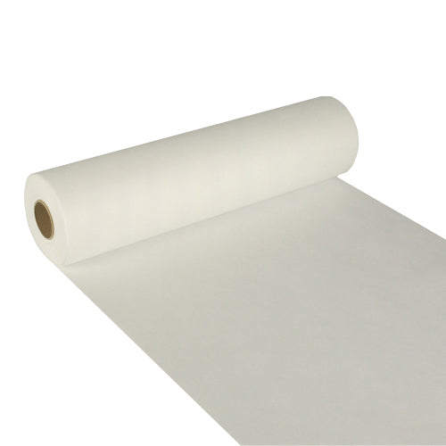 Der Starpak Tischläufer „Soft Selection“ (24 m x 40 cm) ist eine weiße, stoffähnliche Vliesrolle mit braunem Pappkern – ideal als stylischer Tischläufer für jeden Anlass.