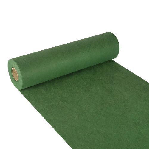 Eine teilweise abgerollte Rolle Starpak Tischläufer, stoffähnlich Vlies „soft selection“ (24 m x 40 cm), in Grün, ist auf weißem Untergrund abgebildet. Das dicke Material hat eine glatte, stoffähnliche Textur.