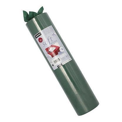 A rolled-up green Starpak table runner, fabric-like fleece "soft selection" (24 m x 40 cm), with a label featuring product info and a red car image, is cylindrically packed with some material sticking out at the top.