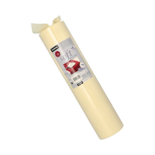 On a white background is a rolled-up Starpak table runner, fabric-like fleece "soft selection" (24 m x 40 cm), with a label featuring brand, instructions, and barcode.