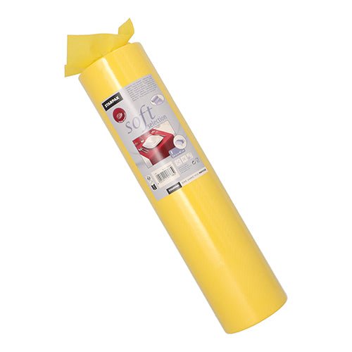 An upright roll of Starpak table runner, fabric-like fleece "soft selection" (24 m x 40 cm), partially unpacked at the top, shows a product label with details and a picture of a red floor covering.