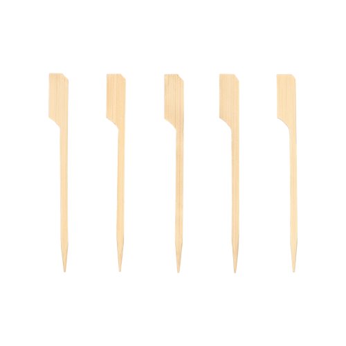 Fünf PAPSTAR 250 Fingerfood - Spieße "pure" der PAPSTAR GmbH sind senkrecht auf einem schlichten weißen Hintergrund angeordnet. Jedes Plektrum ist hell, hat ein flaches, abgewinkeltes Ende und eine spitze Spitze - ideal zum Servieren von Fingerfood.