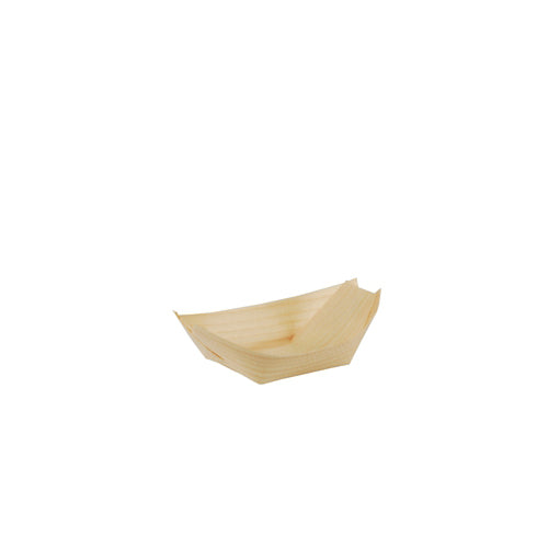 The PAPSTAR 50 finger food wooden "pure" trays "boats" from PAPSTAR GmbH are small, rectangular wooden trays with raised edges, perfect for serving finger food; the eco-friendly design appears on a white background.