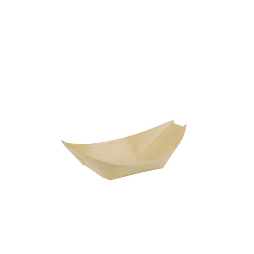 The PAPSTAR 50 finger food wooden bowls "pure" boats from PAPSTAR GmbH are small, boat-shaped trays made of light wood, perfect for environmentally friendly serving of finger food on a plain white background.