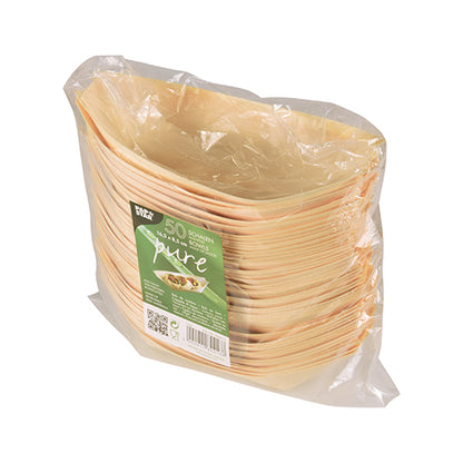 A sealed package from PAPSTAR GmbH contains 50 "pure" wooden finger food bowls "boats" with a green label featuring brand, product info, and environmental symbols – ideal for serving finger food.