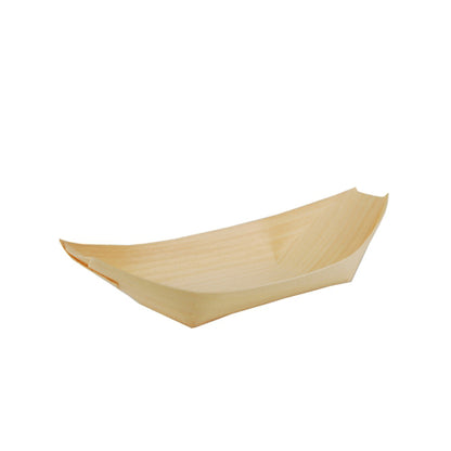 The PAPSTAR 50 finger food trays "pure" boats from PAPSTAR GmbH are small, light wooden trays in the shape of flat boats – ideal for presenting eco-friendly finger food.