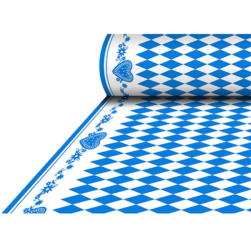 Die PAPSTAR Tischdecke „Bayrisch Blau“ Airlaid-Rolle (25m x 1,18m) der PAPSTAR GmbH zeigt ein blau-weißes Rautenmuster mit dekorativen Herz- und Blumenmotiven auf weißem Untergrund.