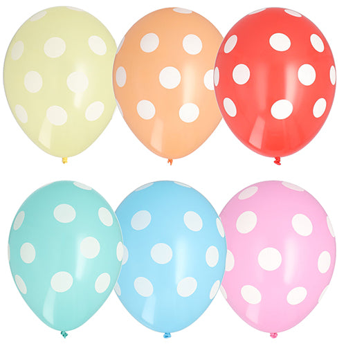 Sechs 29 cm große Luftballons der PAPSTAR GmbH (PAPSTAR 6 Luftballons farbig sortiert) in Gelb, Orange, Rot, Grün, Blau und Pink mit weißen Punkten – in zwei Reihen zu je drei auf einem schlichten weißen Hintergrund angeordnet.