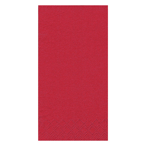 Eine einzelne rote 3-lagige Papierserviette der PAPSTAR GmbH (PAPSTAR 250 Servietten, 1/8-Falz) mit einem dezenten Prägemuster am unteren Rand auf weißem Hintergrund.