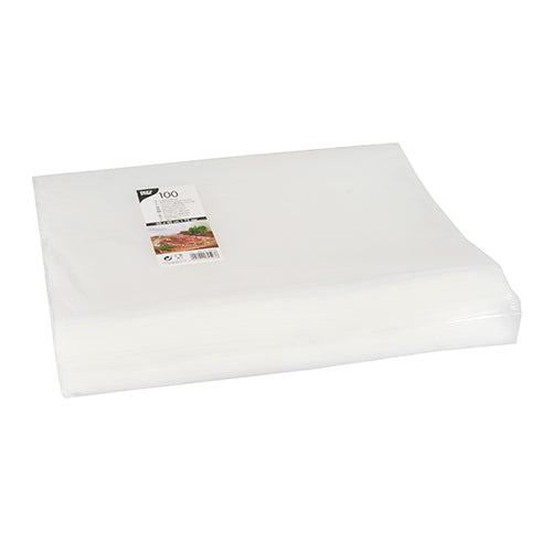 Eine Packung mit 100 PAPSTAR Siegelrandbeuteln aus transparentem PA/PE der PAPSTAR GmbH, sauber verpackt mit einem weißen Etikett mit Produktdetails. Durch die transparente Verpackung ist der Inhalt gut sichtbar.