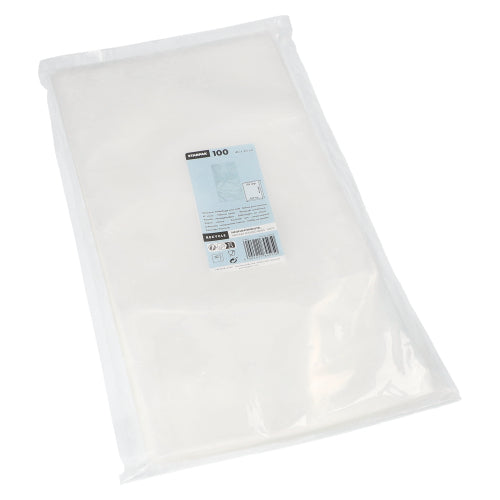 Ein transparenter Starpak Siegelrandbeutel (PA/PE) enthält 100 weiße Servietten, die mit einem blau-weißen Starpak-Etikett mit Markenangaben und einem Barcode versehen sind.
