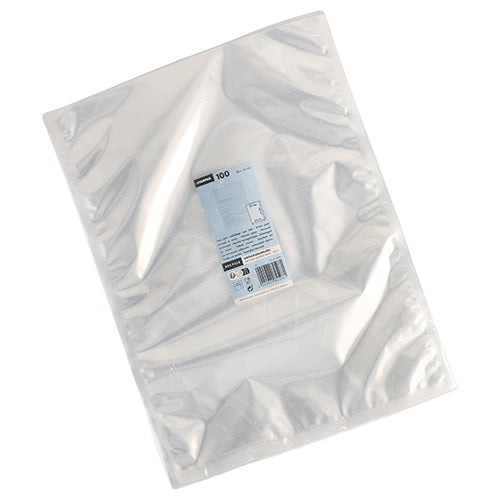 Eine Packung mit 100 transparenten Starpak Siegelrandbeuteln PA/PE ist gestapelt und leicht aufgefächert auf weißem Hintergrund abgebildet. In der Mitte befindet sich ein Etikett mit den Produktangaben.