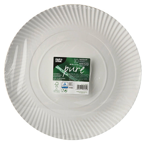 A pack of 10 round, white PAPSTAR plates made of cardboard "pure" (Ø 32 cm), packed in shrink wrap with a green eco-label sticker with information and eco-friendly symbols. Brand: PAPSTAR GmbH.