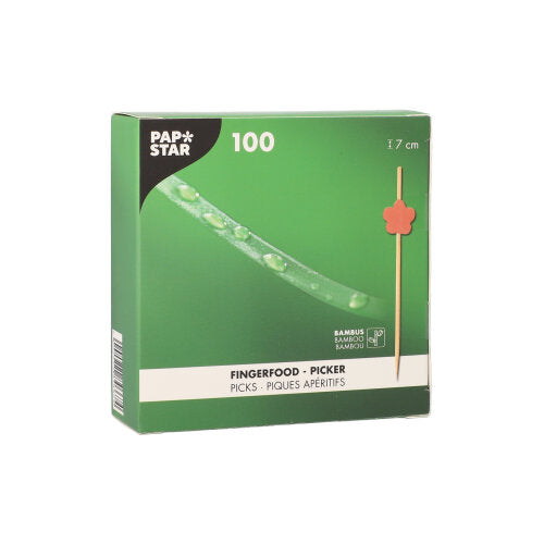 Eine grüne Schachtel der PAPSTAR GmbH 100 Fingerfood-Picker mit der Abbildung eines Pickels mit roter blütenförmiger Spitze; die Etiketten zeigen, dass die Picker 7 cm lang sind.