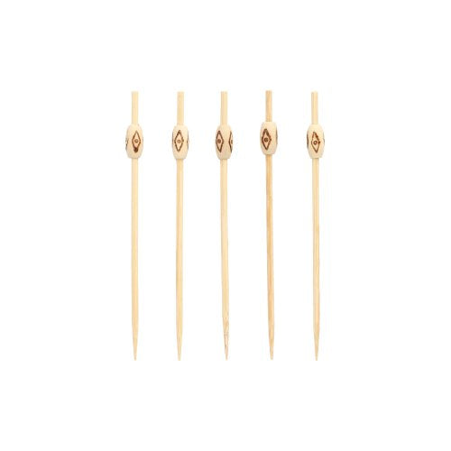 Five PAPSTAR 40 finger food picks "pure" from PAPSTAR GmbH are arranged vertically on a white surface. Each wooden skewer is topped with a decorative pearl - ideal for stylishly serving finger food at events.