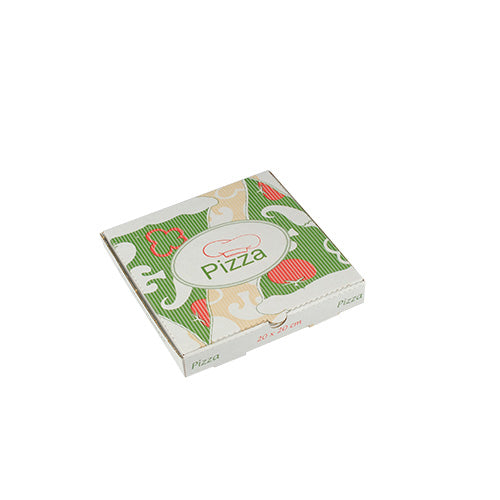 Der PAPSTAR 100 Pizzakartons, Cellulose „pure“ eckig von PAPSTAR GmbH ist ein umweltfreundlicher, quadratischer Karton mit grün-rotem und beigem Design sowie „Pizza“-Schriftzug und Pizza-Scheibe auf dem Deckel.
