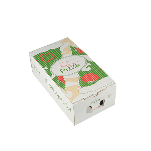 Die 100 Pizzakartons „pure“ eckig der PAPSTAR GmbH sind geschlossene rechteckige Kartons aus umweltfreundlicher Zellulose mit einem grün-rot-beigen Pizza-Design mit Pizzastücken und Tomaten auf weißem Grund.