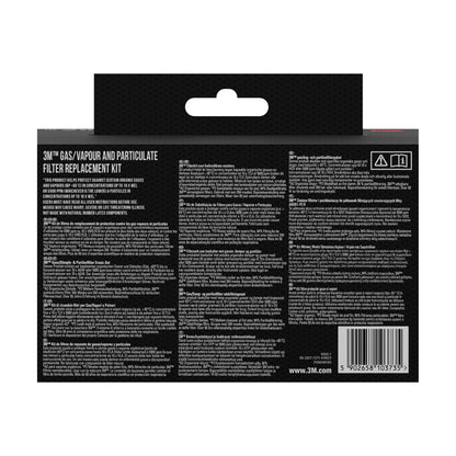 Rückansicht eines Kartons der 3M Deutschland GmbH mit Angaben zu 3M™ Partikelfilter 5935, P3 (2 Paar/Packung) + Filterhalterung 501 (1 Paar/Packung), mit Produktinformation, Gebrauchsanweisung und Barcode in Weiß auf Schwarz.