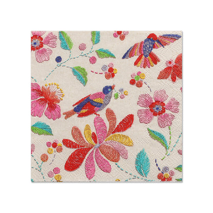 PAPSTAR 20 napkins, 25x25 cm, 3-ply from PAPSTAR GmbH: Colorful napkins with embroidered bird and flower patterns in red, pink, green, yellow, and blue on a light background – ideal as a stylish table decoration.