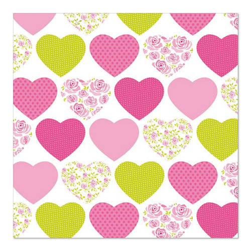 Ein hübsches Reihenmuster aus rosa und gelben Herzen - teils einfarbig, teils mit Punkten oder Blumen - ziert das PAPSTAR GmbH 20 Servietten, 33 cm x 33 cm, 3-lagig, 1/4-Falz Design Set 1 auf weißem Hintergrund.