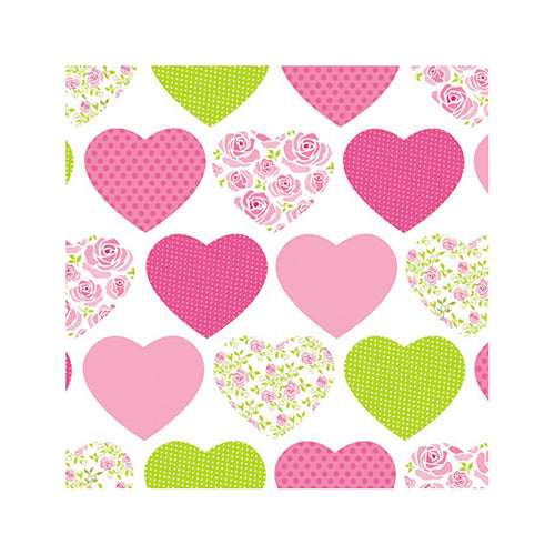 Ein bezauberndes Herzmuster in Rosa, Grün und Weiß – mit floralen und gepunkteten Dessins – ziert diese PAPSTAR 20 Servietten, 25 cm x 25 cm, 3-lagig, der PAPSTAR GmbH.