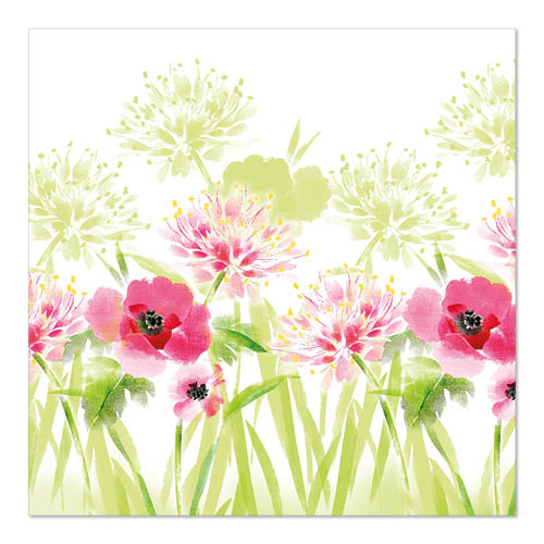 Watercolored pink and red flowers with green leaves and light green ferns on white, elegantly printed on PAPSTAR 20 napkins, 33 cm x 33 cm, 3-ply, design set 1 by PAPSTAR GmbH - perfect for any set table.