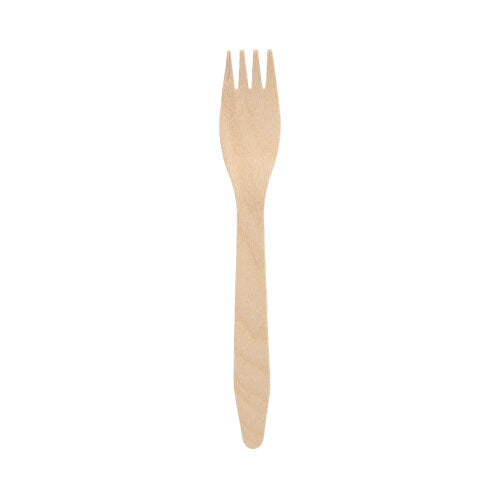 Auf weißem Hintergrund ist eine Holzgabel „pure“ (16,5 cm) der PAPSTAR GmbH aus FSC® zertifiziertem Holz abgebildet, die eine einfache, umweltfreundliche Alternative zu herkömmlichen Gabeln bietet. 100 Stück pro Papptray.