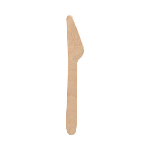 Ein PAPSTAR 100 Messer aus FSC® zertifiziertem Holz „pure“ (16,5 cm) von PAPSTAR GmbH wird mit geradem Griff und gezahnter Kante vertikal auf weißem Hintergrund präsentiert.