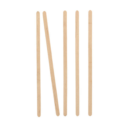 Five PAPSTAR stirring sticks made from FSC®-certified wood, 17.8 cm, are arranged vertically on a white background - the second from the left is tilted to the right.