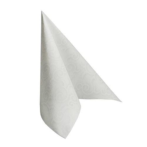 Die weiße Serviette PAPSTAR 50 Servietten "ROYAL Collection" 1/4-Falz 40 x 40 cm der PAPSTAR GmbH steht aufrecht in einer gefalteten Dreiecksform und ist mit einem dezenten, geprägten Wirbelmuster auf der Oberfläche versehen.