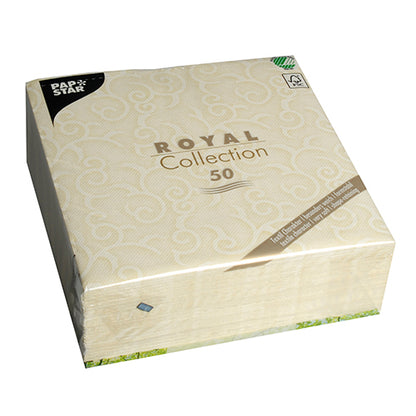 A sealed pack of 50 PAPSTAR "ROYAL Collection" napkins (1/4-fold, 40 x 40 cm) in champagne color, with a decorative swirl pattern. The logo of PAPSTAR GmbH is located in the upper left corner.