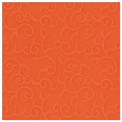 A square, nectarine-orange napkin with a subtle embossed swirl pattern, inspired by the style of the ROYAL Collection napkins from PAPSTAR GmbH. Product: PAPSTAR 50 napkins "ROYAL Collection" 1/4-fold 40 x 40 cm nectarine.