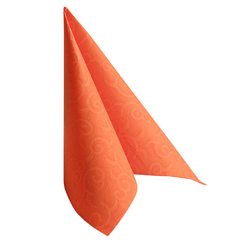 Auf weißem Grund ist eine stehende nektarine PAPSTAR 50 Servietten "ROYAL Collection" 1/4-Falz-Serviette (40 x 40 cm) der PAPSTAR GmbH abgebildet, die zu einem Dreieck mit dezentem Wirbelmuster gefaltet ist.