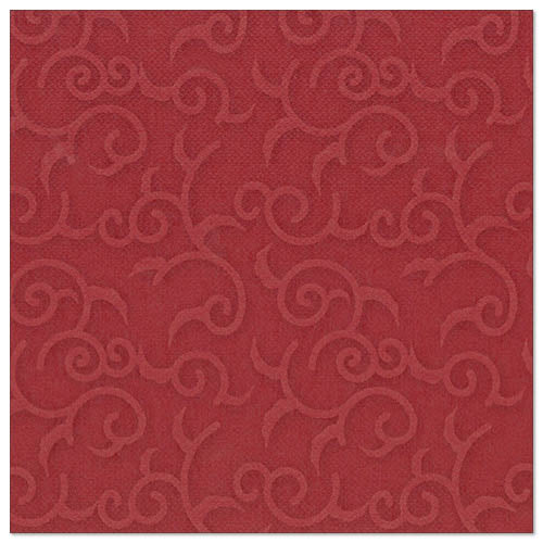 Die bordeauxfarbene, quadratische Serviette aus der ROYAL-Kollektion von PAPSTAR (40 x 40 cm, 1/4-fach gefaltet) ist mit einem geprägten, gleichmäßig über die Oberfläche verteilten Ranken- und Schneckenmuster versehen.