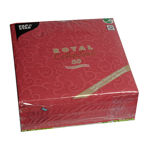 Eine Packung mit 50 bordeauxfarbenen PAPSTAR GmbH Servietten "ROYAL Collection" 1/4-Falz, 40 x 40 cm, kommt in einer klaren Kunststoffverpackung mit dekorativen Mustern und Branding auf der Vorderseite.