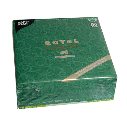 Eine Packung mit 50 PAPSTAR GmbH Servietten "ROYAL Collection" 1/4-Falz, grün, 40 x 40 cm, elegant gestaltete Papierservietten aus der Royal Collection.