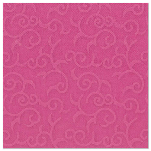 Die fuchsiafarbene, quadratische Serviette (40x40 cm) aus der ROYAL-Kollektion der PAPSTAR GmbH ist mit einem geprägten, wirbelnden Rankenmuster versehen.