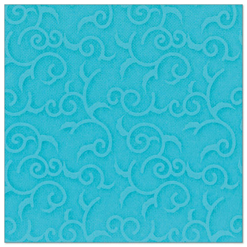 Die PAPSTAR GmbH 50 Servietten "ROYAL Collection" 1/4-Falz 40 x 40 cm türkis sind quadratische türkisfarbene Servietten mit einem geprägten Wirbel- und Rankenmuster, das die Oberfläche gleichmäßig bedeckt.
