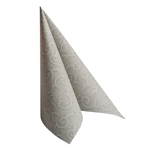 Die Serviette "ROYAL Collection" der PAPSTAR GmbH 50 Servietten (40x40 cm, grau, 1/4-Falz) steht aufrecht vor weißem Hintergrund und besticht durch ihren eleganten hellgrauen Farbton und ihr dezentes Muster.