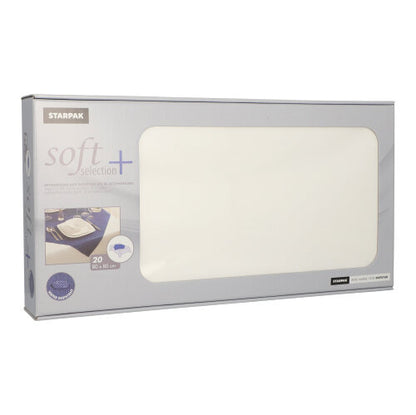 A rectangular box with 20 center napkins made of fabric-like fleece "soft selection plus" by Starpak in the size 80 x 80 cm features a cut-out window through which the white napkins and the product details printed on the Starpak packaging are visible.