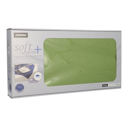 Depicted is a Starpak box with 20 centerpiece napkins "Soft Selection Plus" made of fabric-like fleece (80 x 80 cm) with a transparent window through which the napkins inside are visible.