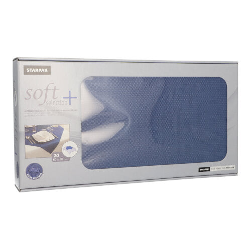 A rectangular box with 20 Starpak table covers, fabric-like, fleece "soft selection plus" (80x80 cm) with a large transparent window through which blue napkins are visible. Product details and the quantity (20 pieces) are indicated on the box.