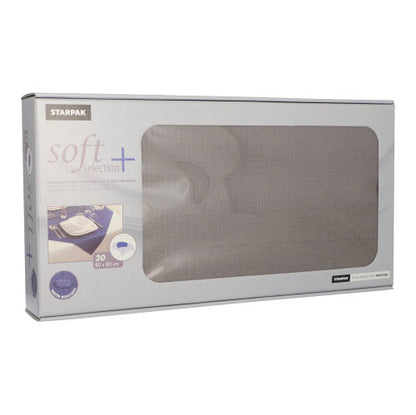 A rectangular carton labeled "Starpak 20 centerpieces, fabric-like, fleece soft selection plus 80 x 80 cm" shows the predominantly gray packaging with a transparent window through which the soft selection plus centerpieces inside can be seen.