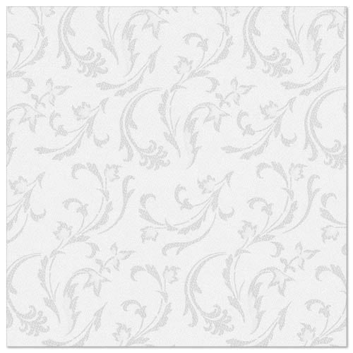 Die PAPSTAR GmbH 50 Servietten "ROYAL Collection" 1/4-Falz 40 x 40 cm in weiß zeigen ein elegantes, hellgraues Blumen- und Blätterwirbelmuster gleichmäßig verteilt auf einem unifarbenen weißen Hintergrund.