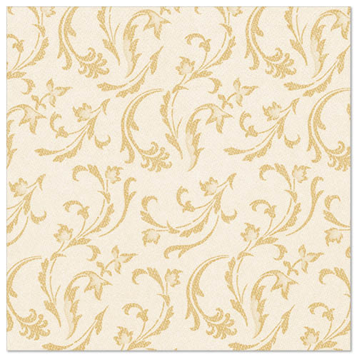 The PAPSTAR 50 napkins "ROYAL Collection" 1/4-fold 40 x 40 cm in champagne from PAPSTAR GmbH feature a classic, decorative floral and vine design in gold on a beige background, adding elegance to any set table.