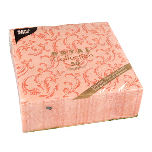 Eine Packung mit 50 Servietten "ROYAL Collection" der PAPSTAR GmbH (40x40 cm, 1/4 gefaltet) in Nektarine mit floralem Muster, in Plastik verpackt. Das Etikett zeigt "ROYAL Collection 50" und das PAPSTAR Servietten-Logo in der oberen linken Ecke.