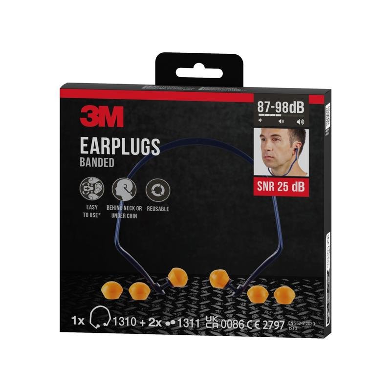 A package of 3M™ Banded Earplugs 1310 + 2 pairs of replacement earplugs, SNR value 24-25 dB (depending on wearing position), from 3M Deutschland GmbH, contains application symbols and a photo showing how to wear the replacement earplug.