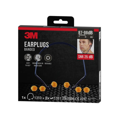 A package of 3M™ Banded Earplugs 1310 + 2 pairs of replacement earplugs, SNR value 24-25 dB (depending on wearing position), from 3M Deutschland GmbH, contains application symbols and a photo showing how to wear the replacement earplug.