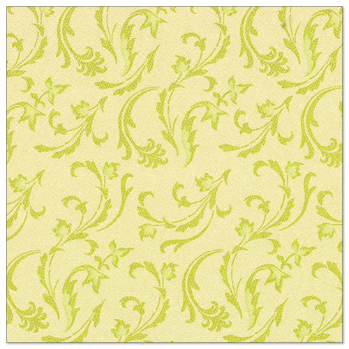 Hellgelbe Servietten mit einem sich wiederholenden grünen Blattranken- und Blumenmuster, inspiriert von den 50 Servietten "ROYAL Collection" 1/4-Falz 40 x 40 cm grün der PAPSTAR GmbH, bieten eine elegante dekorative Note.