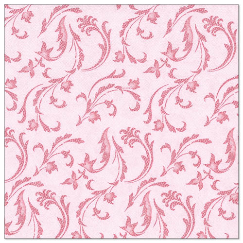 Die PAPSTAR GmbH 50 Servietten "ROYAL Collection" 1/4-Falz 40 x 40 cm in fuchsia zeigt ein dezentes, filigranes Muster aus stilisierten Blättern und Blüten in dunklerem fuchsia auf hellrosa Hintergrund.